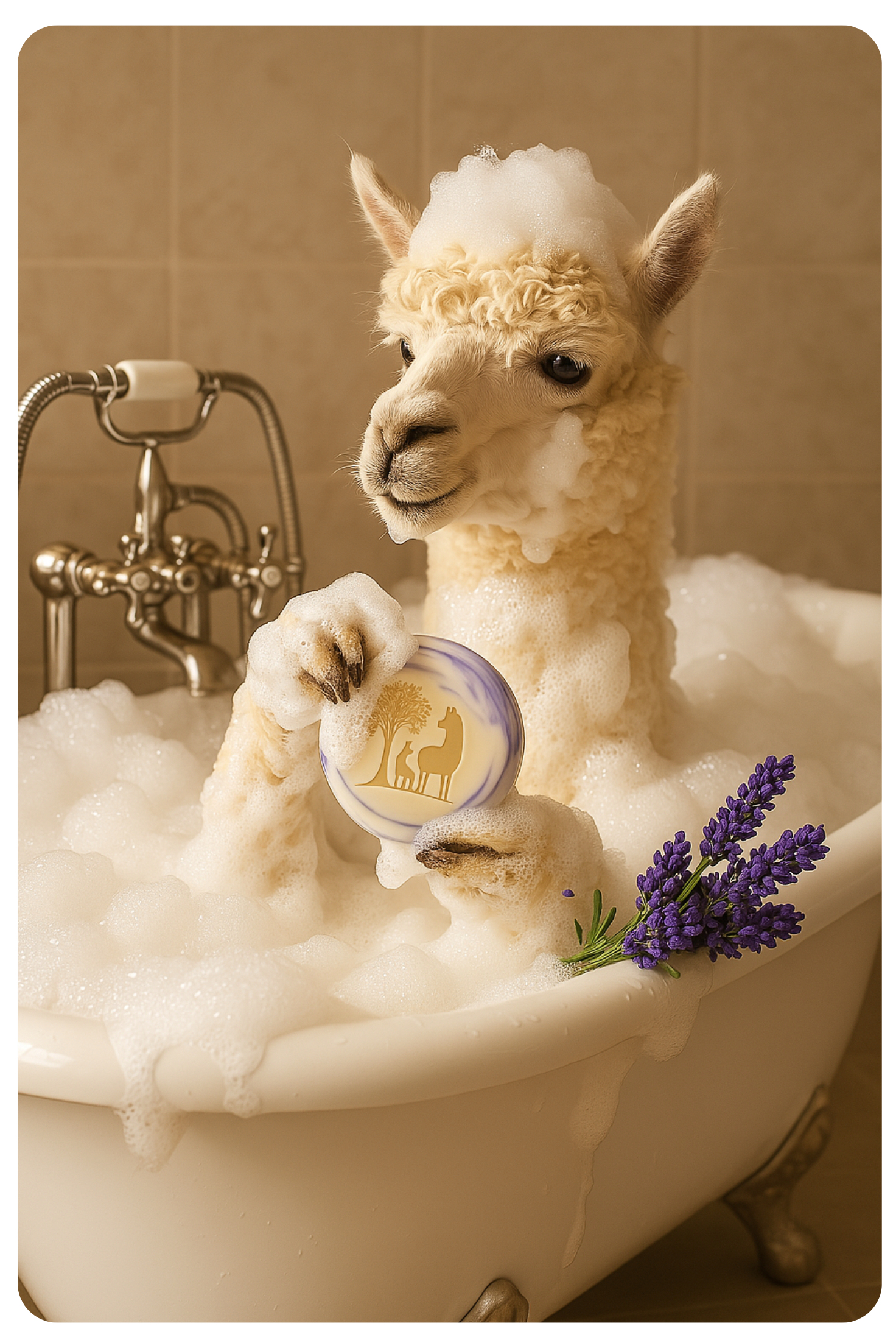 Alpaka in einer Badewanne mit Seife
